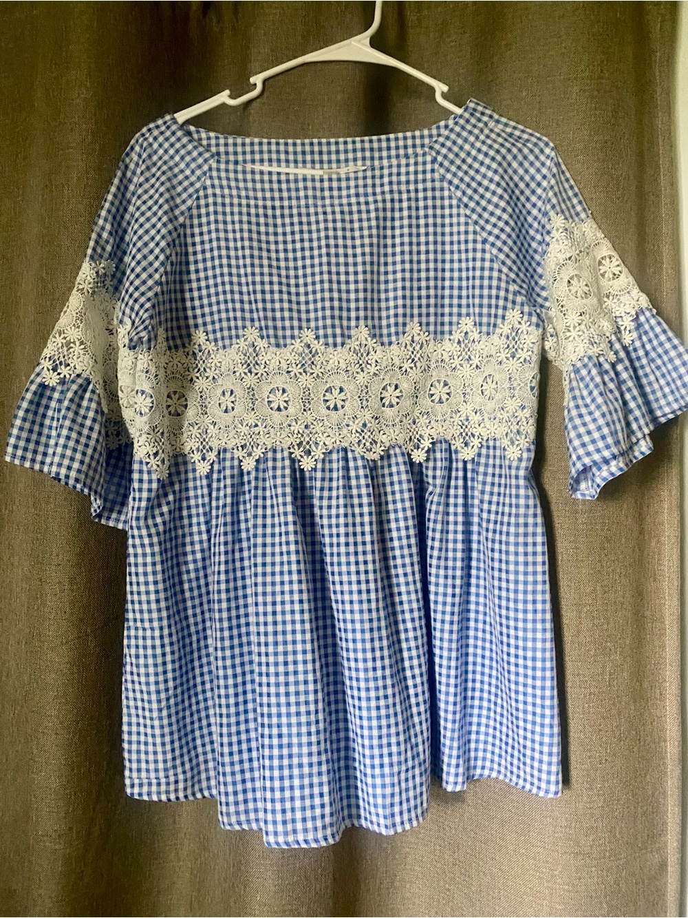 DAVI & DANI Blue Gingham Lace Panel Tunic
